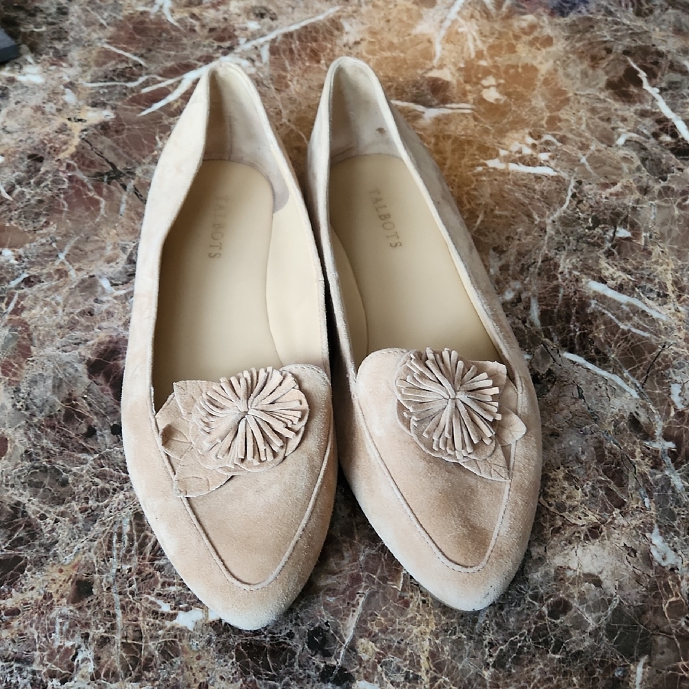 Talbots Women's Beige Suede Loafers with Floral Accent
